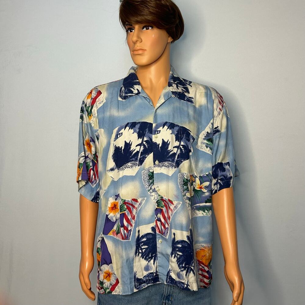 Vintage Burma Bibas Silk Hawaiian Shirt Mens L Blue Floral Palm Tree Camp